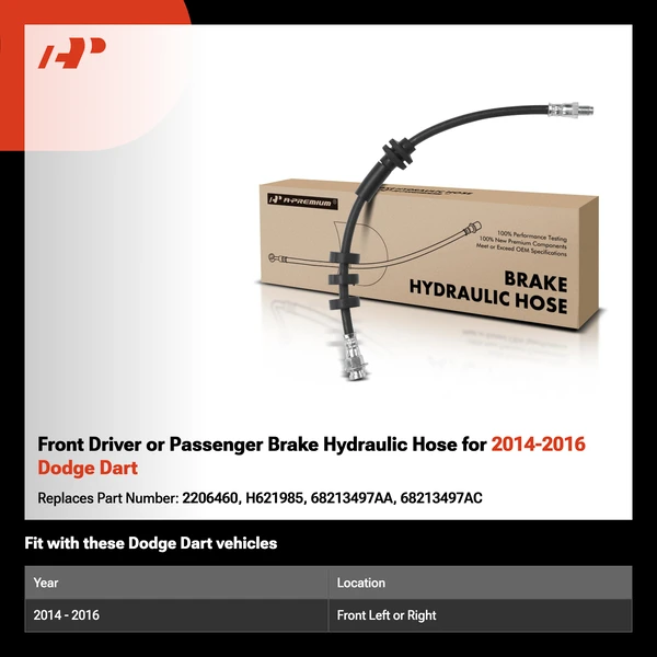 Front Driver or Passenger Brake Hydraulic Hose for 2014-2016 Dodge Dart