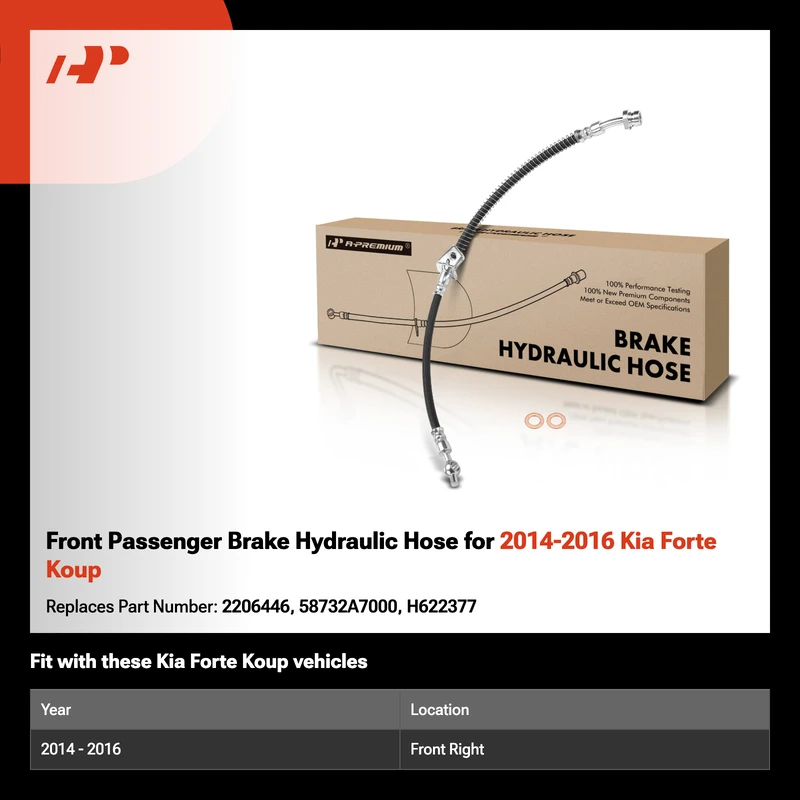 Front Passenger Brake Hydraulic Hose for 2014-2016 Kia Forte Koup