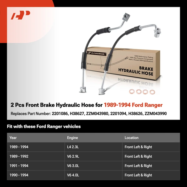 2 Pcs Front Brake Hydraulic Hose for 1989-1994 Ford Ranger