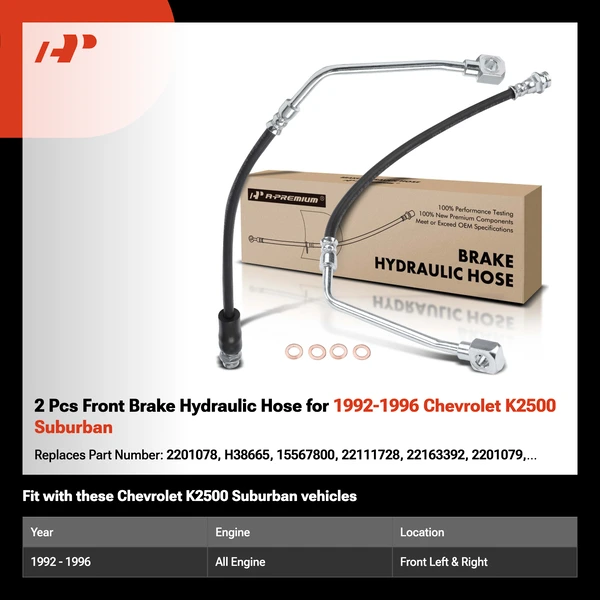 2 Pcs Front Brake Hydraulic Hose for 1992-1996 Chevrolet K2500 Suburban