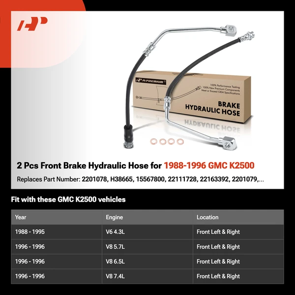 2 Pcs Front Brake Hydraulic Hose for 1988-1996 GMC K2500