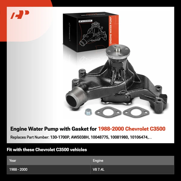 Engine Water Pump with Gasket for 1988-2000 Chevrolet C3500