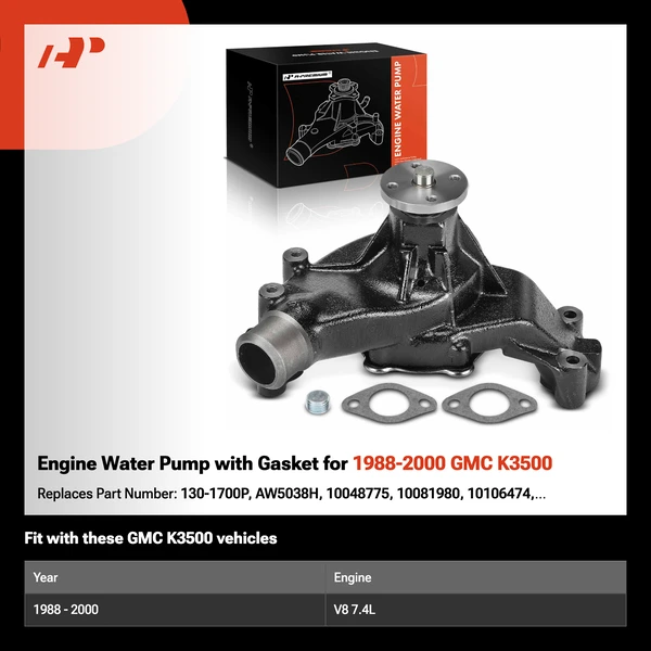Engine Water Pump with Gasket for 1988-2000 GMC K3500