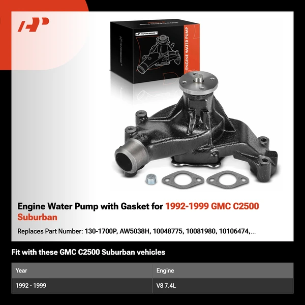 Engine Water Pump with Gasket for 1992-1999 GMC C2500 Suburban