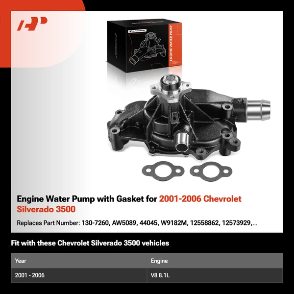 Engine Water Pump with Gasket for 2001-2006 Chevrolet Silverado 3500