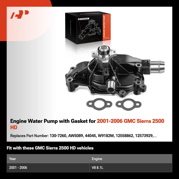 Engine Water Pump with Gasket for 2001-2006 GMC Sierra 2500 HD