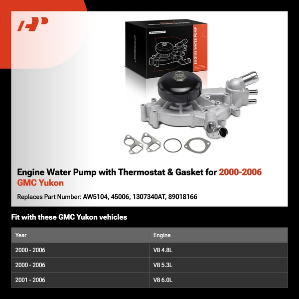 Engine Water Pump with Thermostat & Gasket for 2000-2006 GMC Yukon