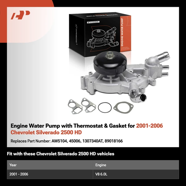 Engine Water Pump with Thermostat & Gasket for 2001-2006 Chevrolet Silverado 2500 HD