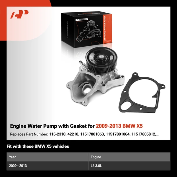 Engine Water Pump with Gasket for 2009-2013 BMW X5