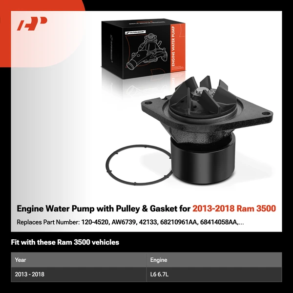 Engine Water Pump with Pulley & Gasket for 2013-2018 Ram 3500