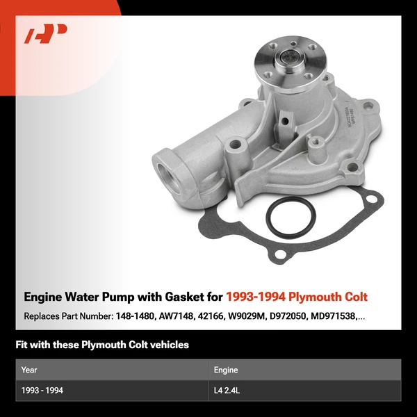 Engine Water Pump with Gasket for 1993-1994 Plymouth Colt