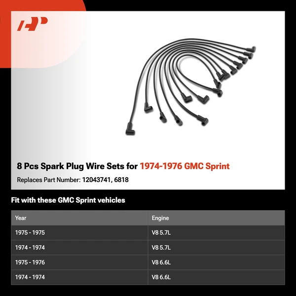 8 Pcs Spark Plug Wire Sets for 1974-1976 GMC Sprint