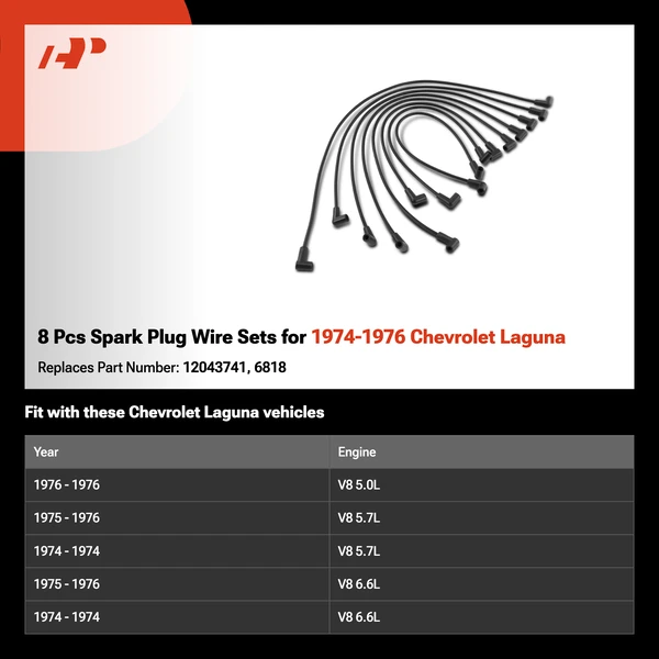 8 Pcs Spark Plug Wire Sets for 1974-1976 Chevrolet Laguna