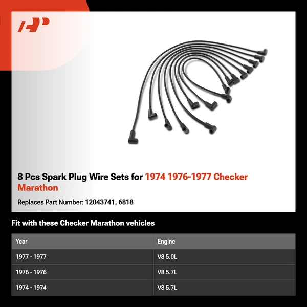 8 Pcs Spark Plug Wire Sets for 1974 1976-1977 Checker Marathon