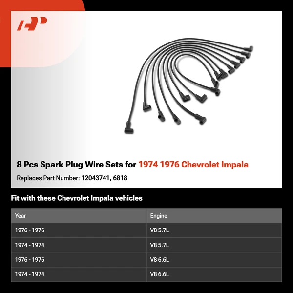 8 Pcs Spark Plug Wire Sets for 1974 1976 Chevrolet Impala