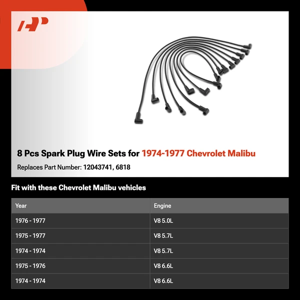 8 Pcs Spark Plug Wire Sets for 1974-1977 Chevrolet Malibu