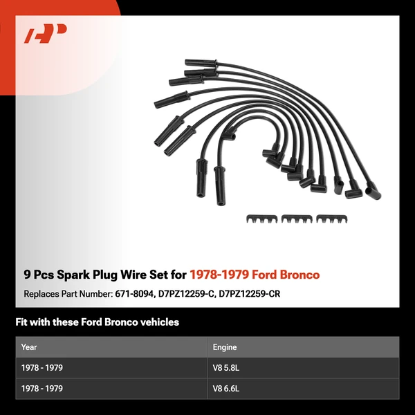 9 Pcs Spark Plug Wire Set for 1978-1979 Ford Bronco