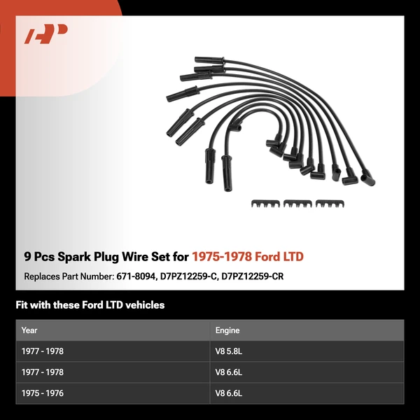 9 Pcs Spark Plug Wire Set for 1975-1978 Ford LTD