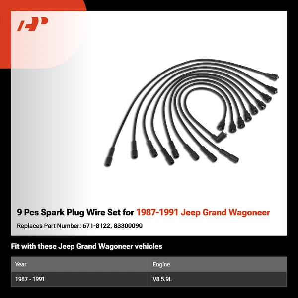 9 Pcs Spark Plug Wire Set for 1987-1991 Jeep Grand Wagoneer