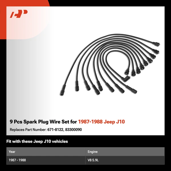 9 Pcs Spark Plug Wire Set for 1987-1988 Jeep J10