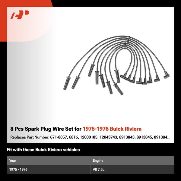 8 Pcs Spark Plug Wire Set for 1975-1976 Buick Riviera