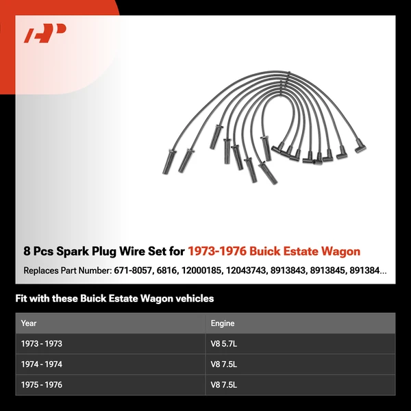 8 Pcs Spark Plug Wire Set for 1973-1976 Buick Estate Wagon