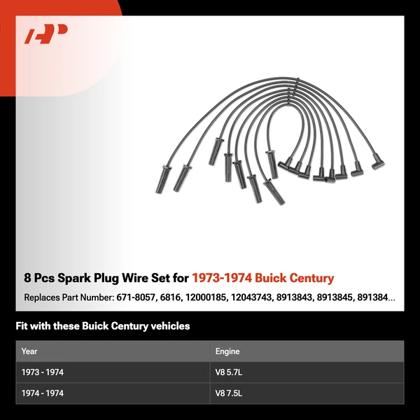 8 Pcs Spark Plug Wire Set for 1973-1974 Buick Century