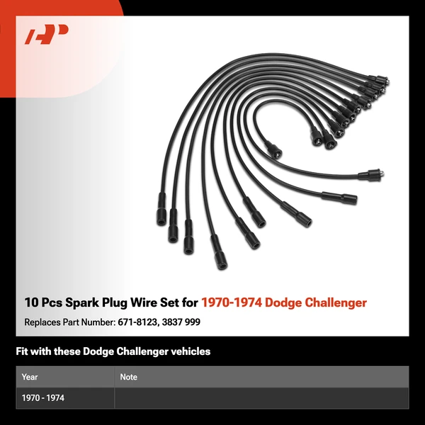10 Pcs Spark Plug Wire Set for 1970-1974 Dodge Challenger