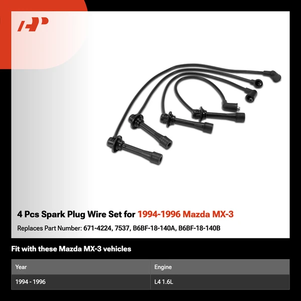 4 Pcs Spark Plug Wire Set for 1994-1996 Mazda MX-3