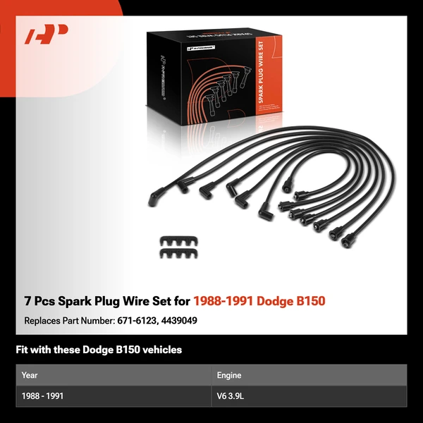 7 Pcs Spark Plug Wire Set for 1988-1991 Dodge B150