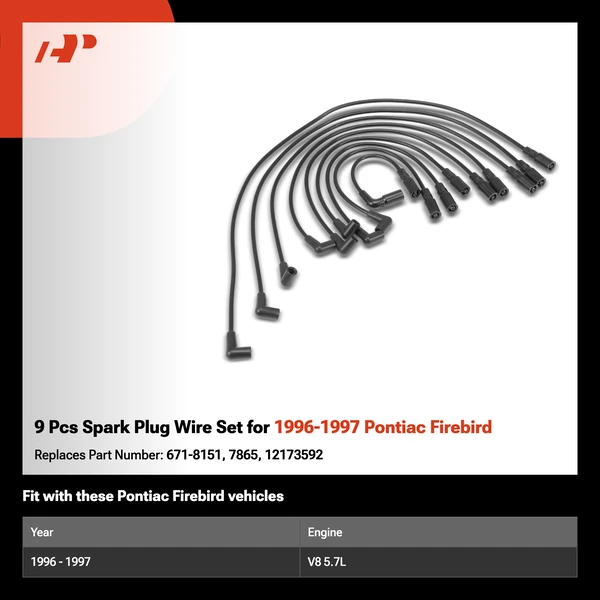9 Pcs Spark Plug Wire Set for 1996-1997 Pontiac Firebird
