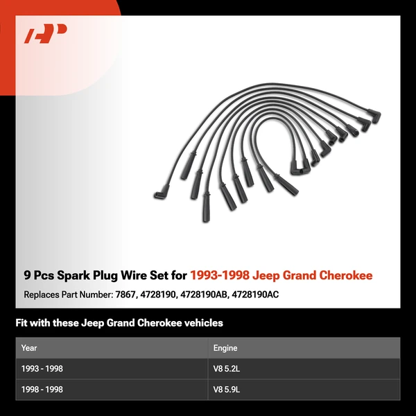 9 Pcs Spark Plug Wire Set for 1993-1998 Jeep Grand Cherokee