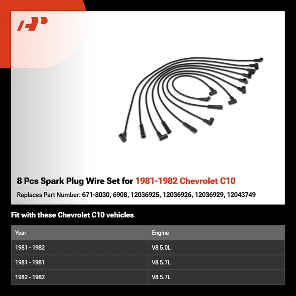 8 Pcs Spark Plug Wire Set for 1981-1982 Chevrolet C10