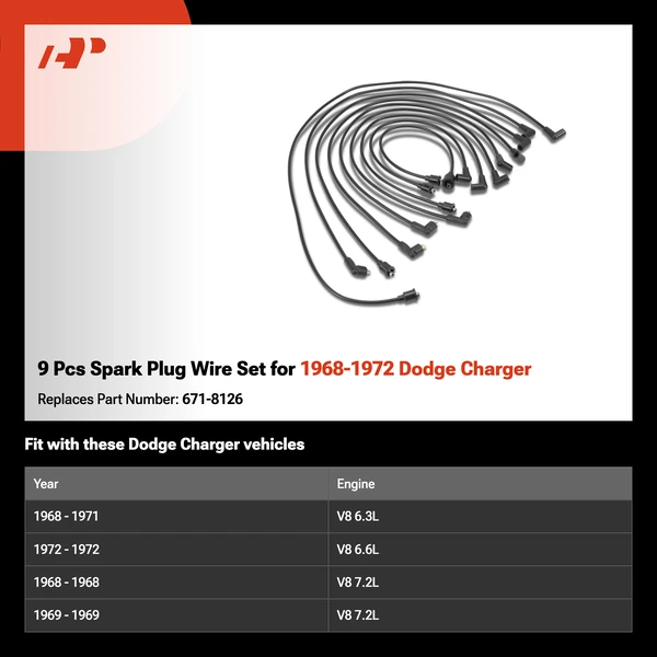 9 Pcs Spark Plug Wire Set for 1968-1972 Dodge Charger