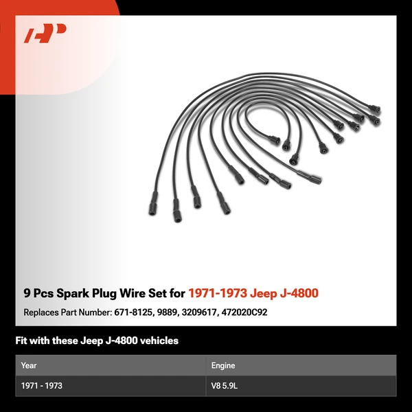 9 Pcs Spark Plug Wire Set for 1971-1973 Jeep J-4800