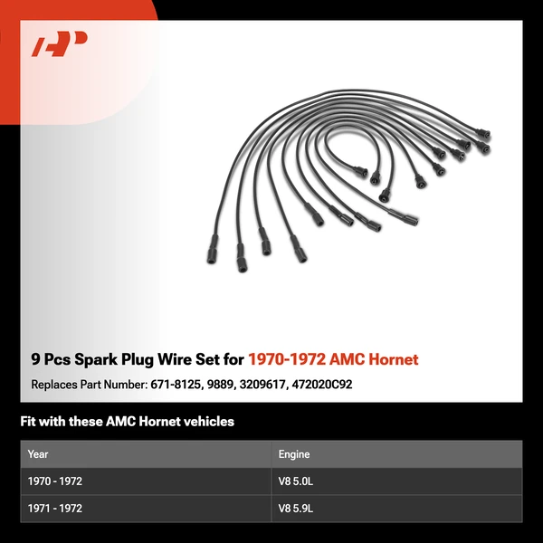 9 Pcs Spark Plug Wire Set for 1970-1972 AMC Hornet