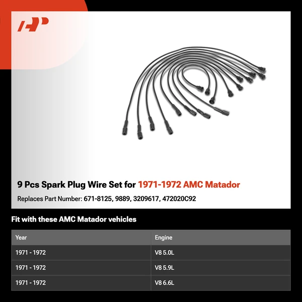 9 Pcs Spark Plug Wire Set for 1971-1972 AMC Matador
