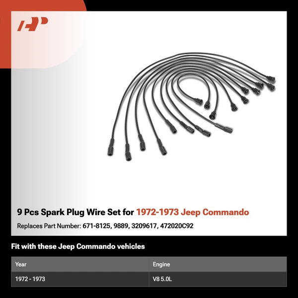 9 Pcs Spark Plug Wire Set for 1972-1973 Jeep Commando