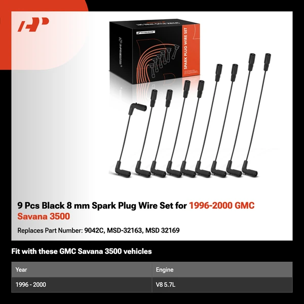 9 Pcs Black 8 mm Spark Plug Wire Set for 1996-2000 GMC Savana 3500