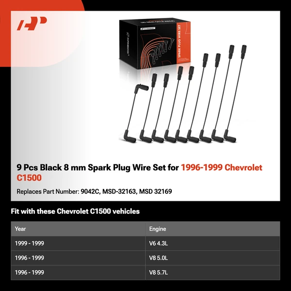 9 Pcs Black 8 mm Spark Plug Wire Set for 1996-1999 Chevrolet C1500