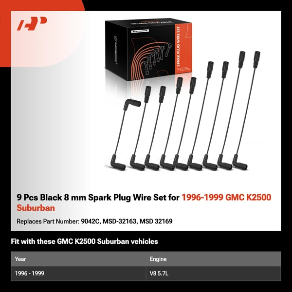 9 Pcs Black 8 mm Spark Plug Wire Set for 1996-1999 GMC K2500 Suburban