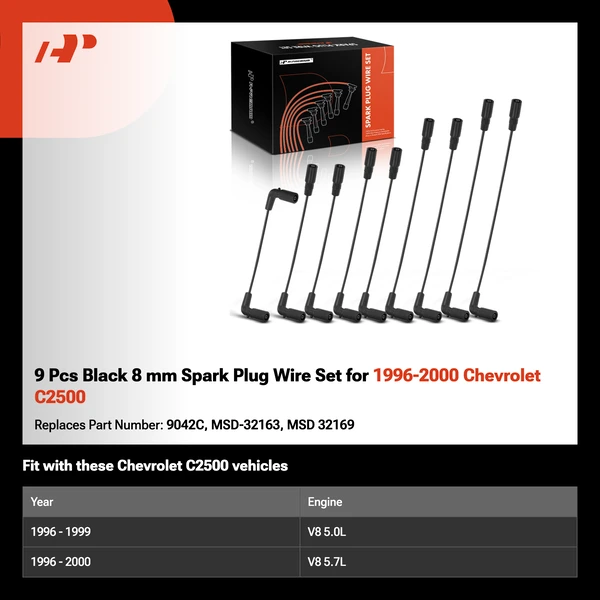9 Pcs Black 8 mm Spark Plug Wire Set for 1996-2000 Chevrolet C2500