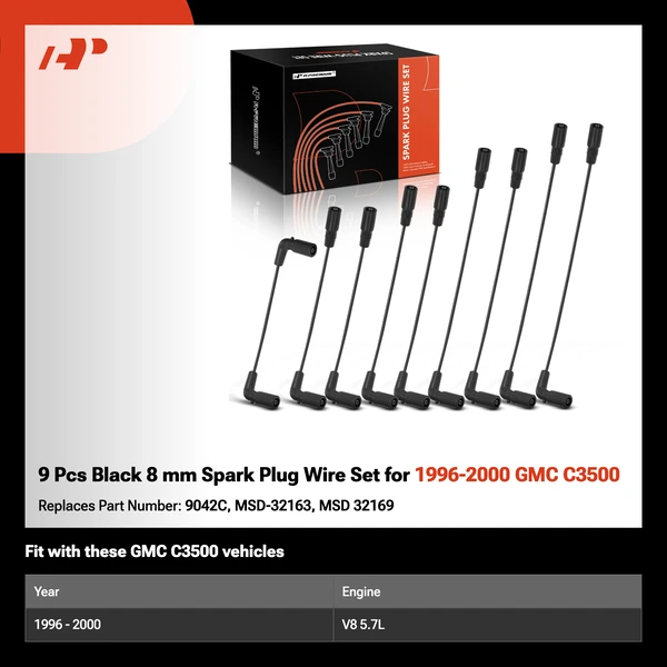 9 Pcs Black 8 mm Spark Plug Wire Set for 1996-2000 GMC C3500