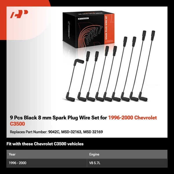 9 Pcs Black 8 mm Spark Plug Wire Set for 1996-2000 Chevrolet C3500