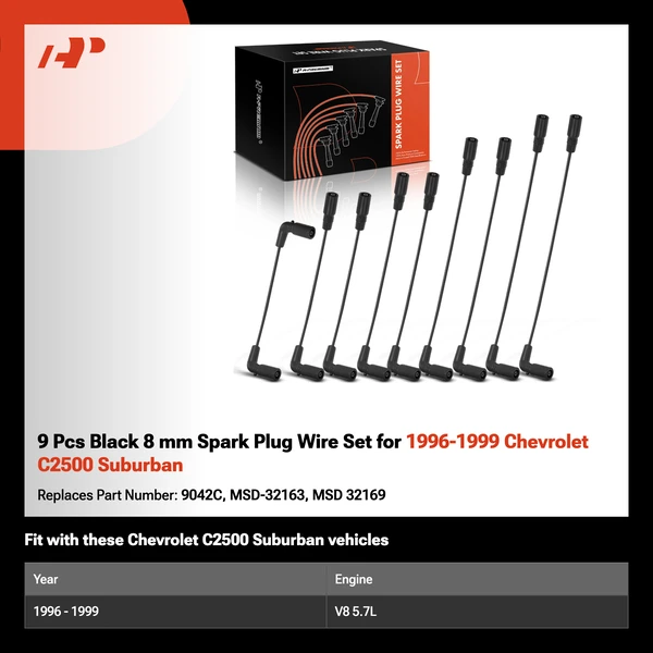 9 Pcs Black 8 mm Spark Plug Wire Set for 1996-1999 Chevrolet C2500 Suburban
