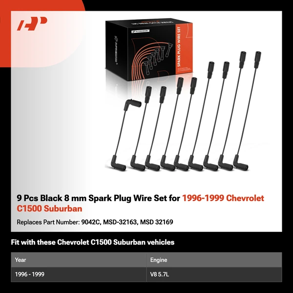 9 Pcs Black 8 mm Spark Plug Wire Set for 1996-1999 Chevrolet C1500 Suburban