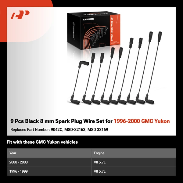 9 Pcs Black 8 mm Spark Plug Wire Set for 1996-2000 GMC Yukon