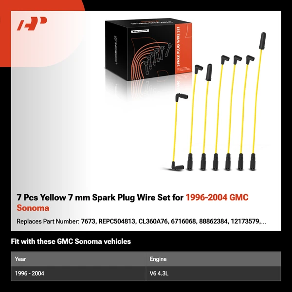 7 Pcs Yellow 7 mm Spark Plug Wire Set for 1996-2004 GMC Sonoma