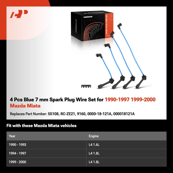 4 Pcs Blue 7 mm Spark Plug Wire Set for 1990-1997 1999-2000 Mazda Miata