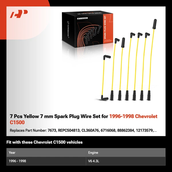7 Pcs Yellow 7 mm Spark Plug Wire Set for 1996-1998 Chevrolet C1500